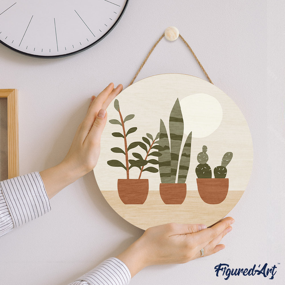 Pintura por números sobre disco de madera - Plantas suculentas