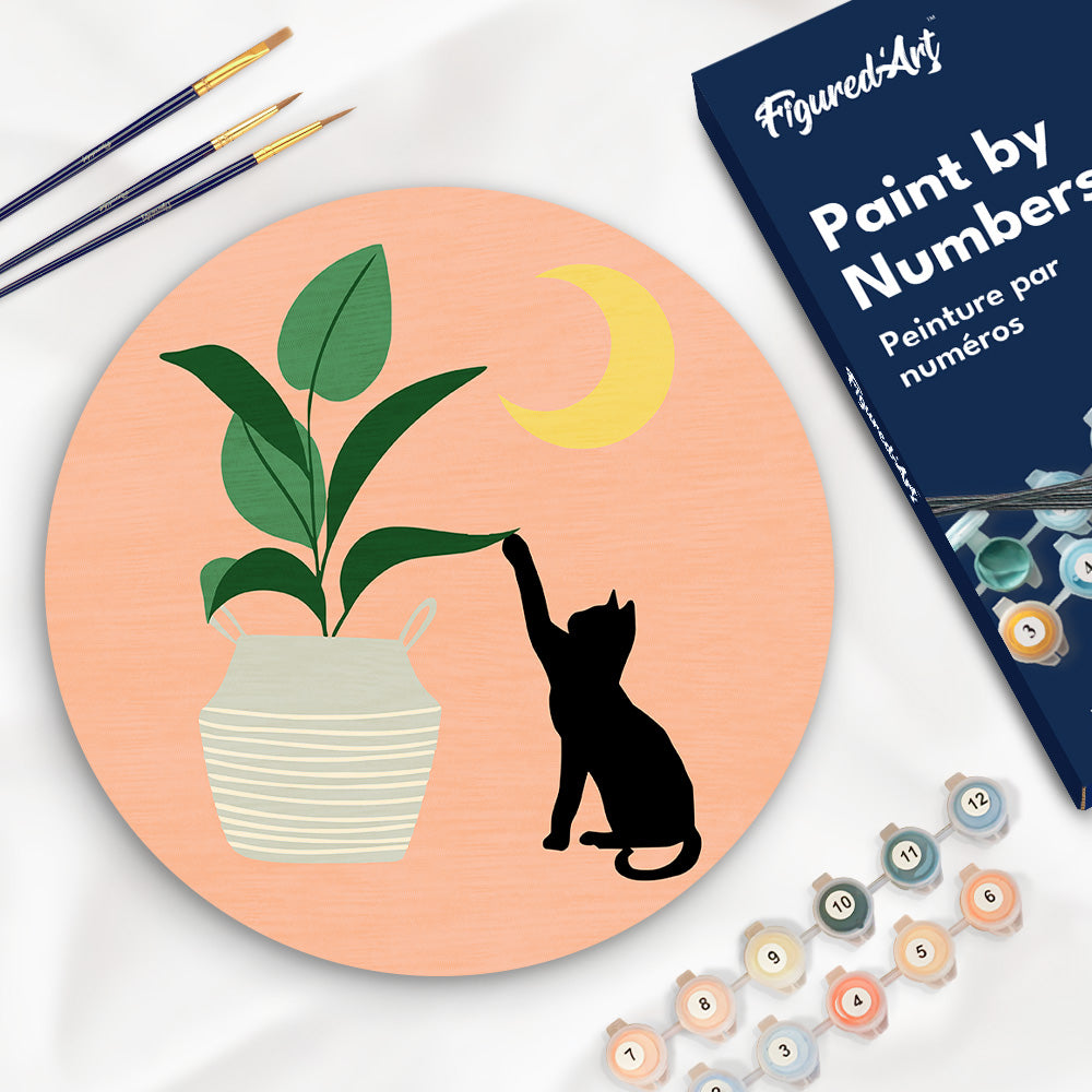 Paint By Number On Wooden Disc - Kitten And Plant In The Moonlight