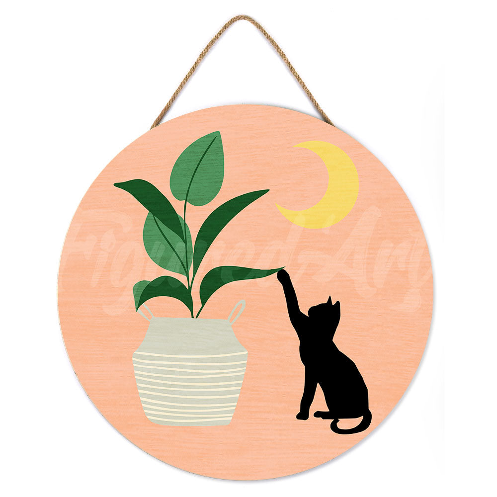 Paint By Number On Wooden Disc - Kitten And Plant In The Moonlight