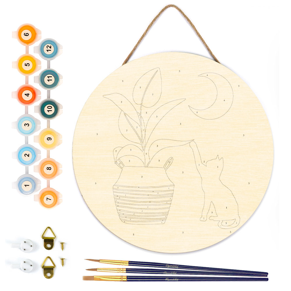 Paint By Number On Wooden Disc - Kitten And Plant In The Moonlight
