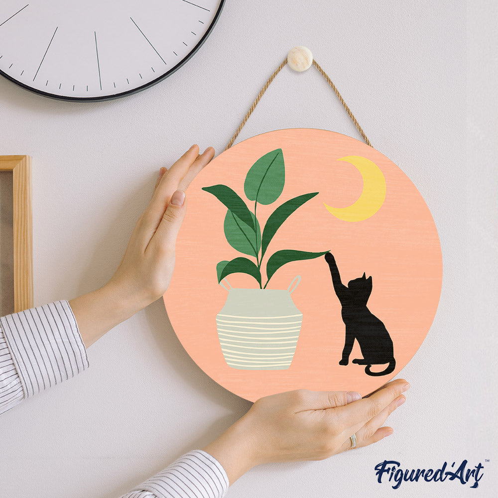 Paint By Number On Wooden Disc - Kitten And Plant In The Moonlight
