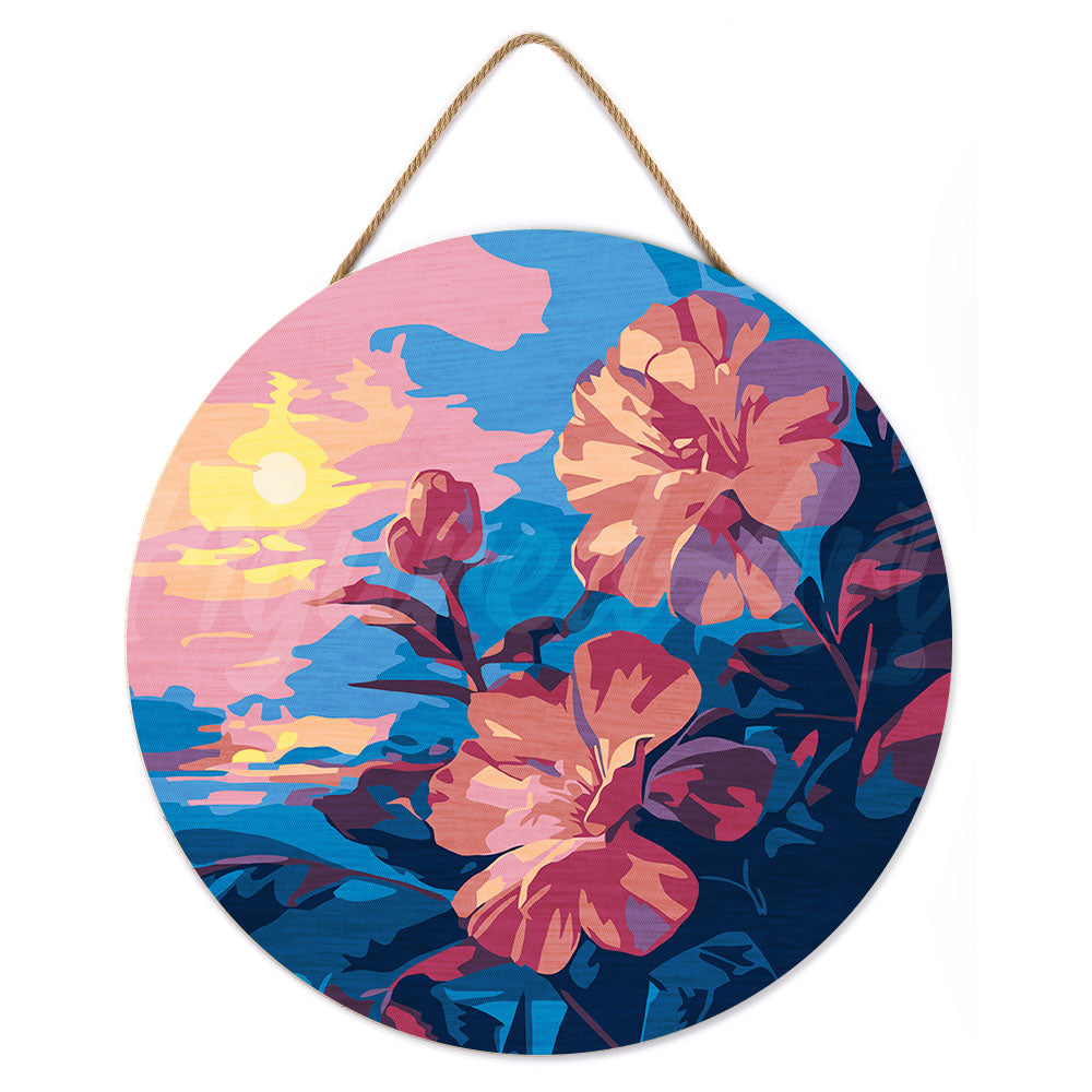 Peinture Par Numéro Sur Disque En Bois - Hibiscus Au Coucher De Soleil