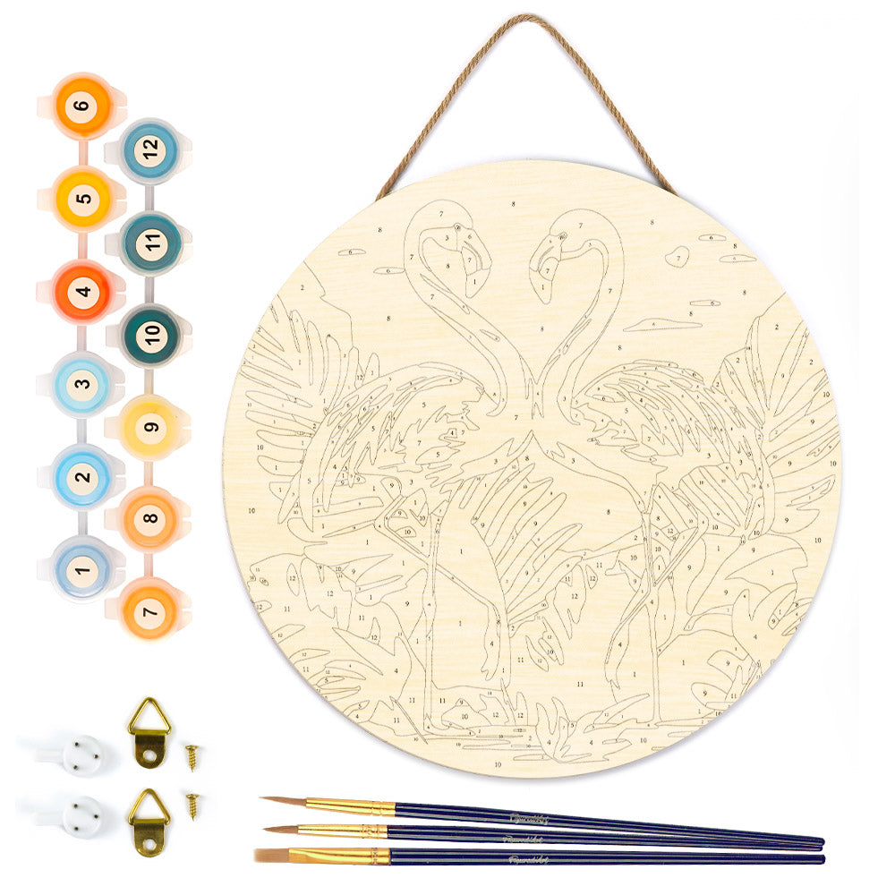 Paint By Numbers On Wood Disc - Tropical Flamingos
