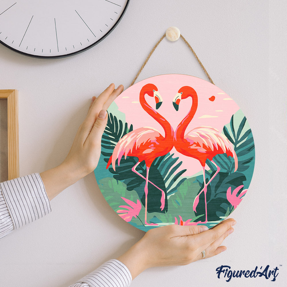 Paint By Numbers On Wood Disc - Tropical Flamingos