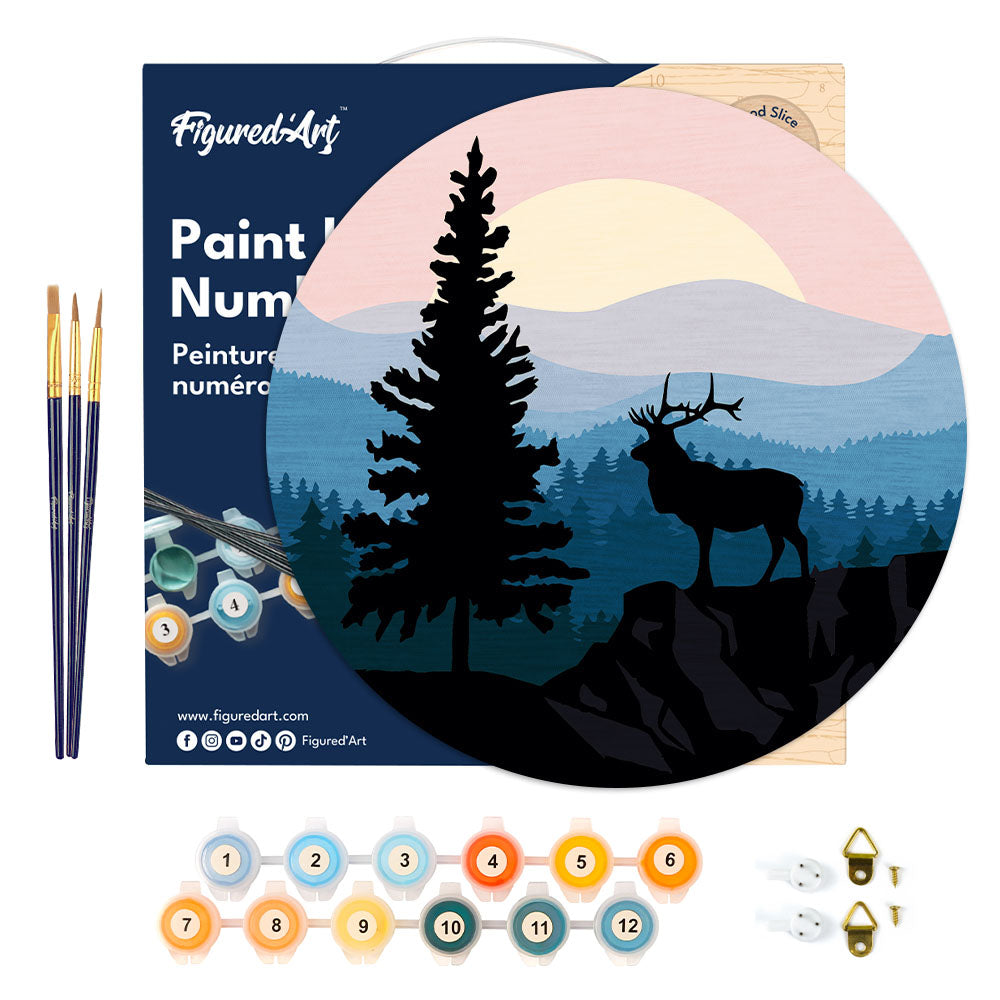 Peinture Par Numéro Sur Disque En Bois - Cerf Majestueux Et Paysage