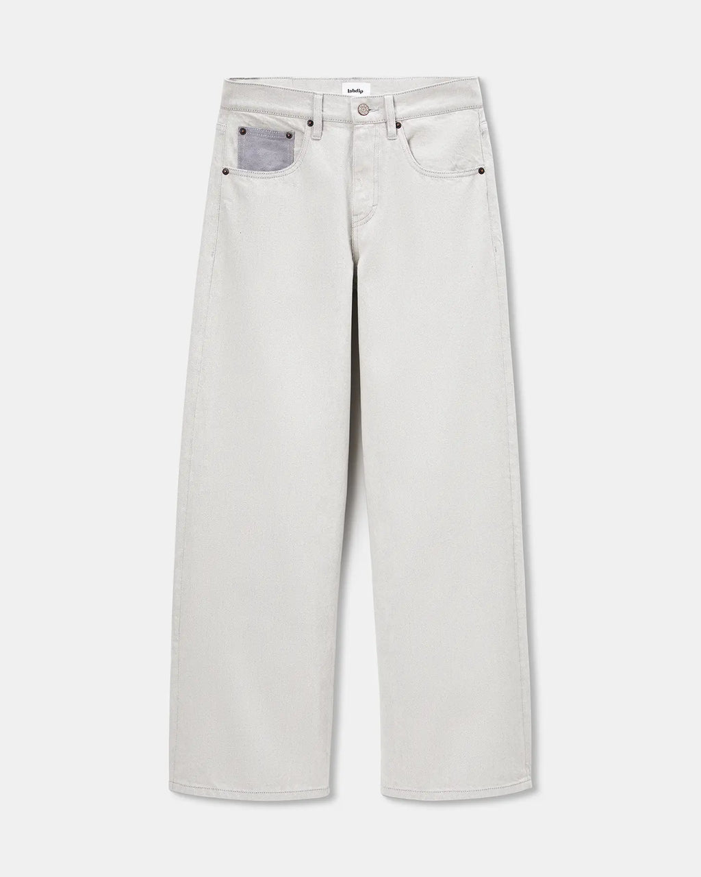 Jean large en denim 100 % coton non teint, couleur granit clair avec une poche avant contrastée, coupe droite et confortable adaptée à toutes les morphologies féminines.