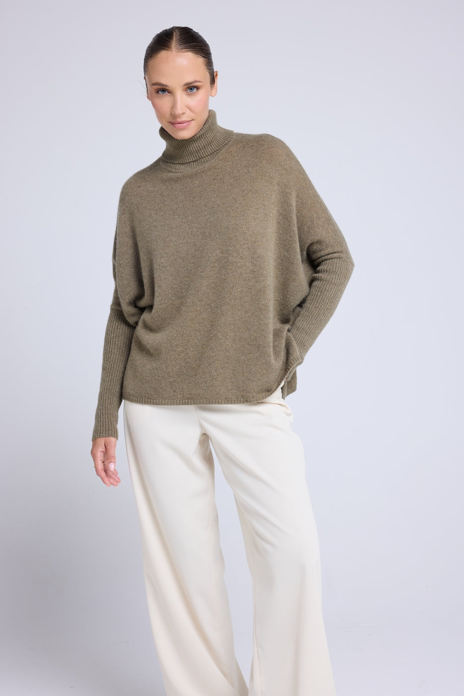 Rolanda Roll-Neck Poncho Jumper - Khaki Green