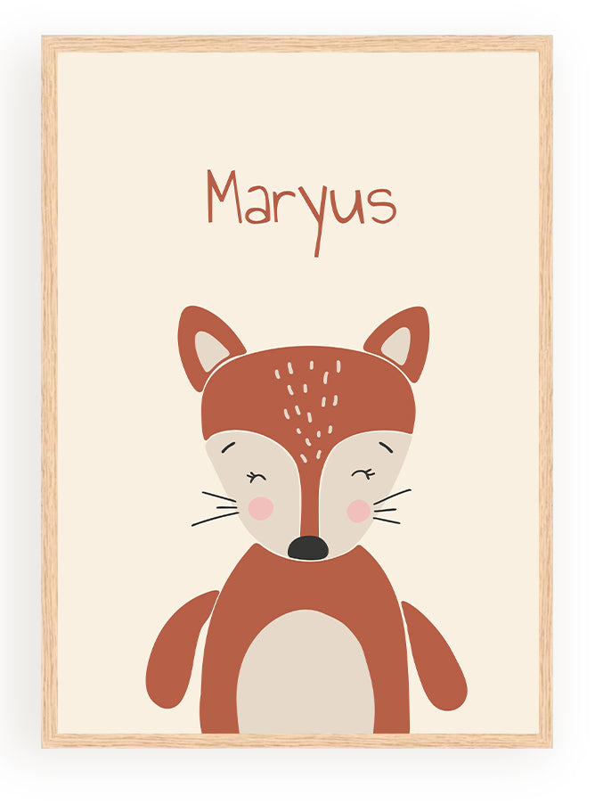 Póster personalizado para niños con dibujo de un zorro naranja sonriente y nombre Maryus en la parte superior, marco de madera.