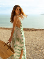 Robe de plage fluide Leila Vert Palmier Tatiane de Freitas – fines bretelles assorties, robe à rayures, fente latérale sophistiquée, sublime le bronzage, cover-up luxe, robe de plage chic Lyon
