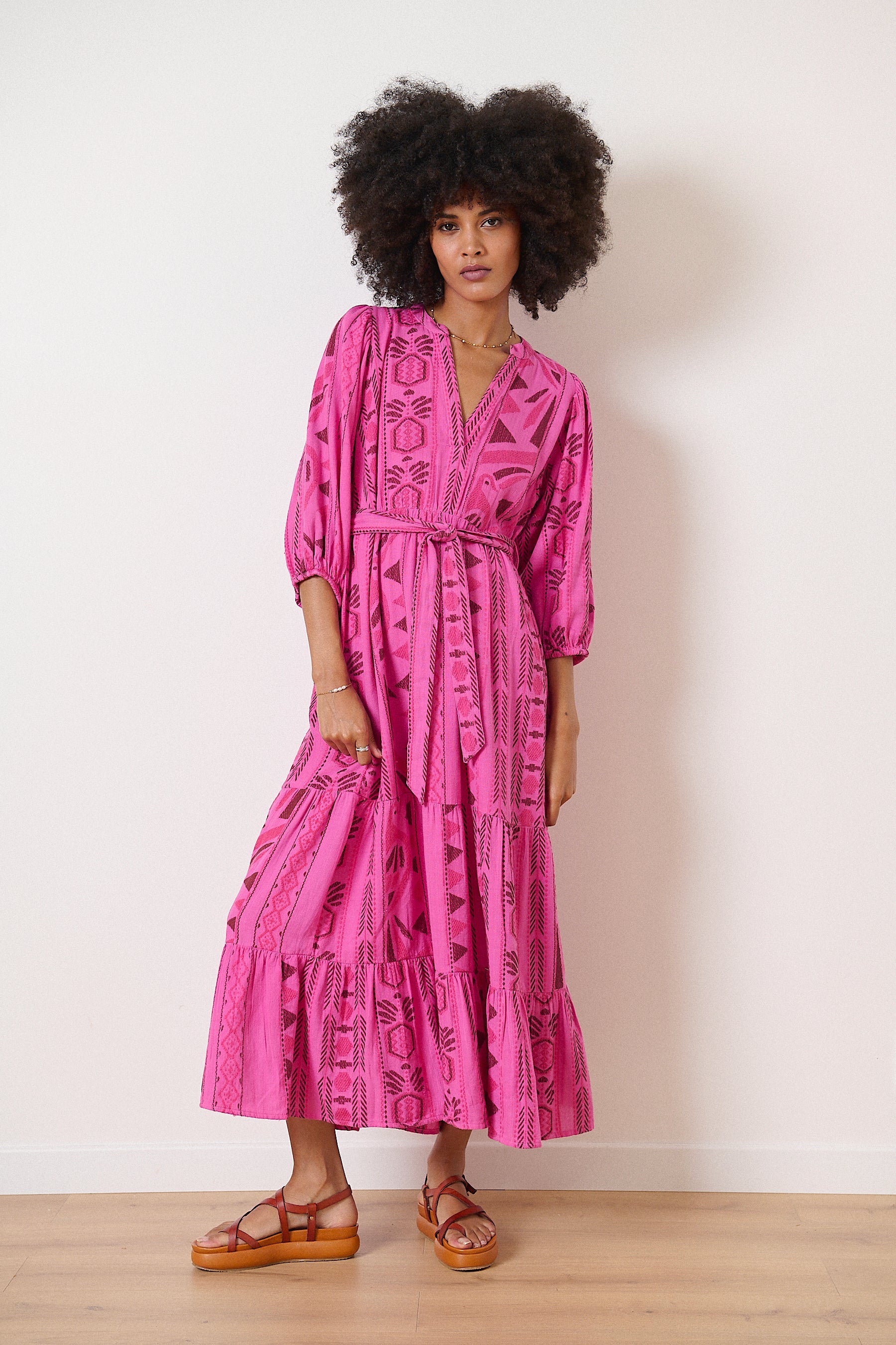Pink jacquard patterned dress colorful outfit in cotton fluid cut with cutouts and gathers 3/4 sleeves V-neck 