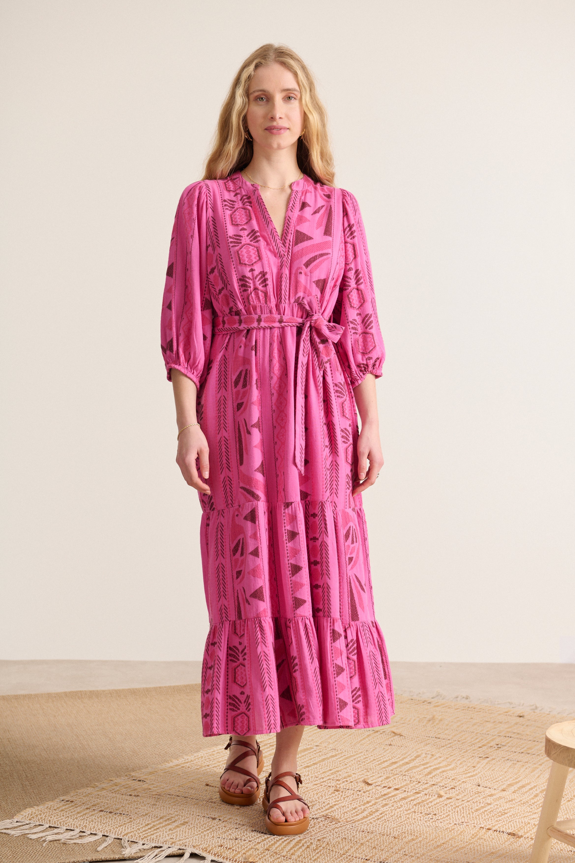 Colorful pink long dress with V-neck and 3/4 sleeves with removable belt women's spring summer collection 