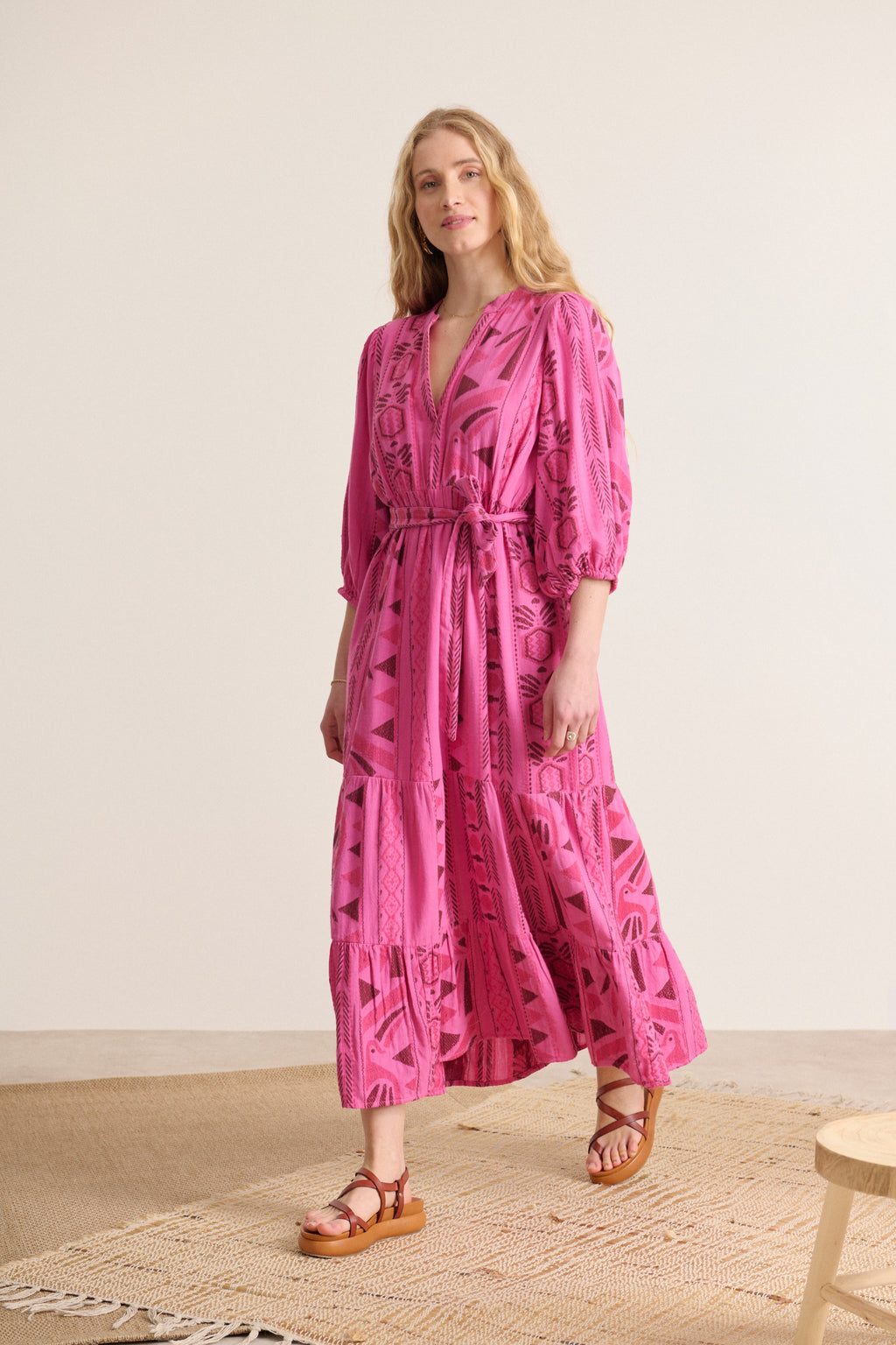 Women's outfit 100% cotton pink color jacquard fabric flared cut removable belt at the waist Garance Paris French brand