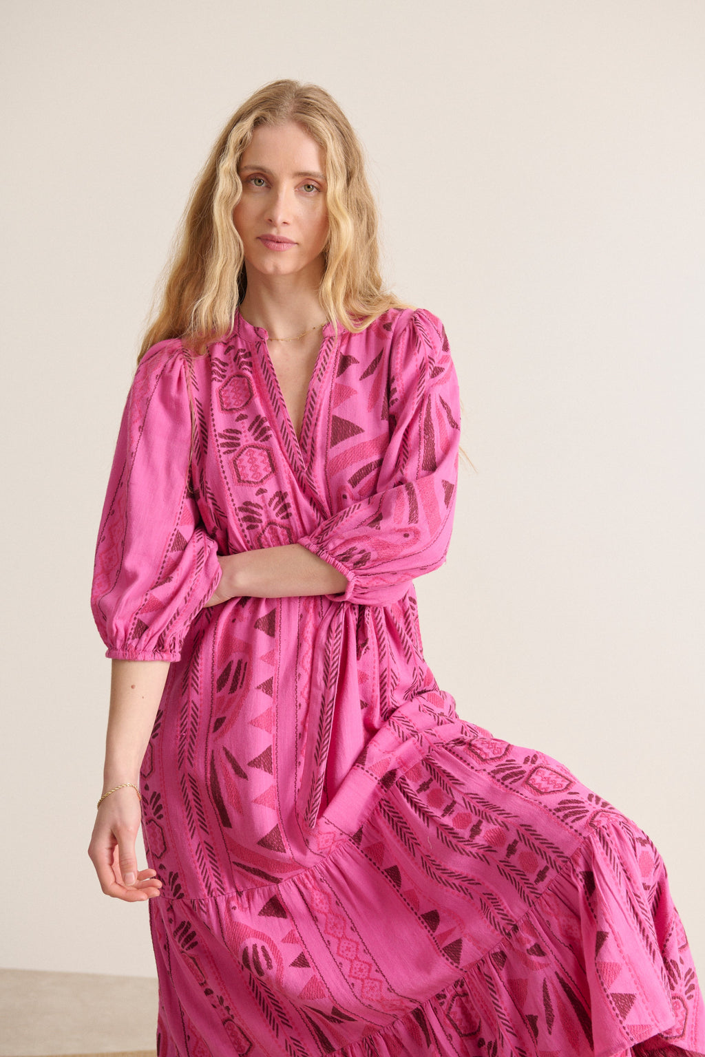Dress color pink patterns cotton jacquard fabric witness or guest outfit wedding event spring summer 
