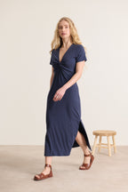 Women's spring summer collection Navy blue bow front dress with slits, close-fitting cut with short sleeves women's spring summer collection 