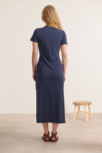 Outfit with bow at the front and V-neck navy color midi length trendy t-shirt format Women's clothing French brand