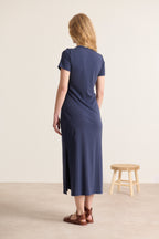 Navy blue V-neck dress with bow at the front, side slits, midi length, Garance Paris, French brand