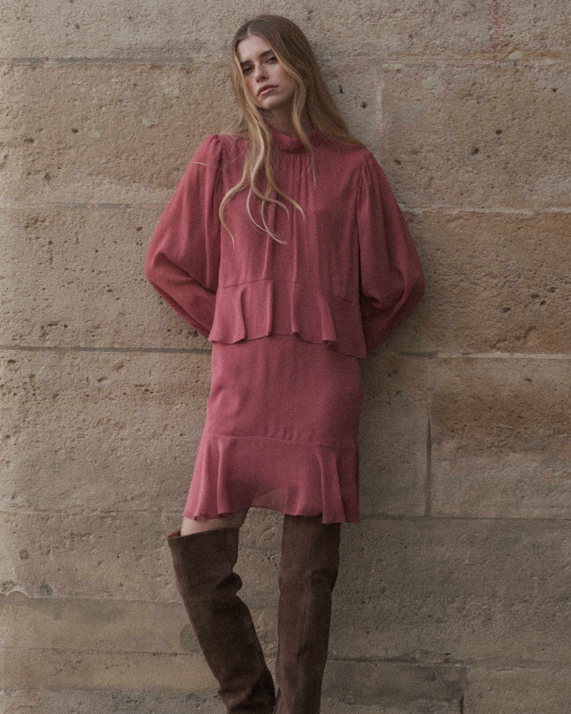 Short Fluid Dress With Ruffle Blush Sahelle