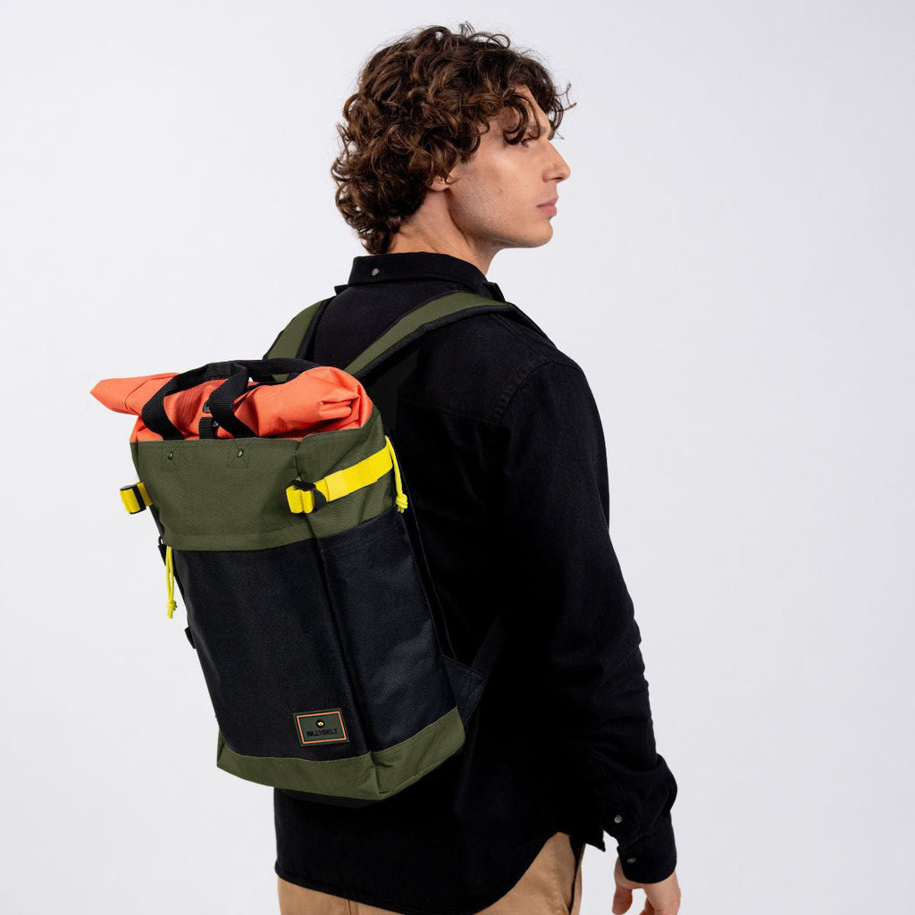 100% Recycled Polyester Roll-Top Backpack - Black And Khaki