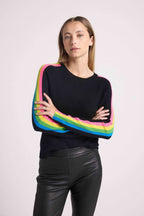 Round Neck Rainbow Stripes Salsa Sleeve Sweater - Black