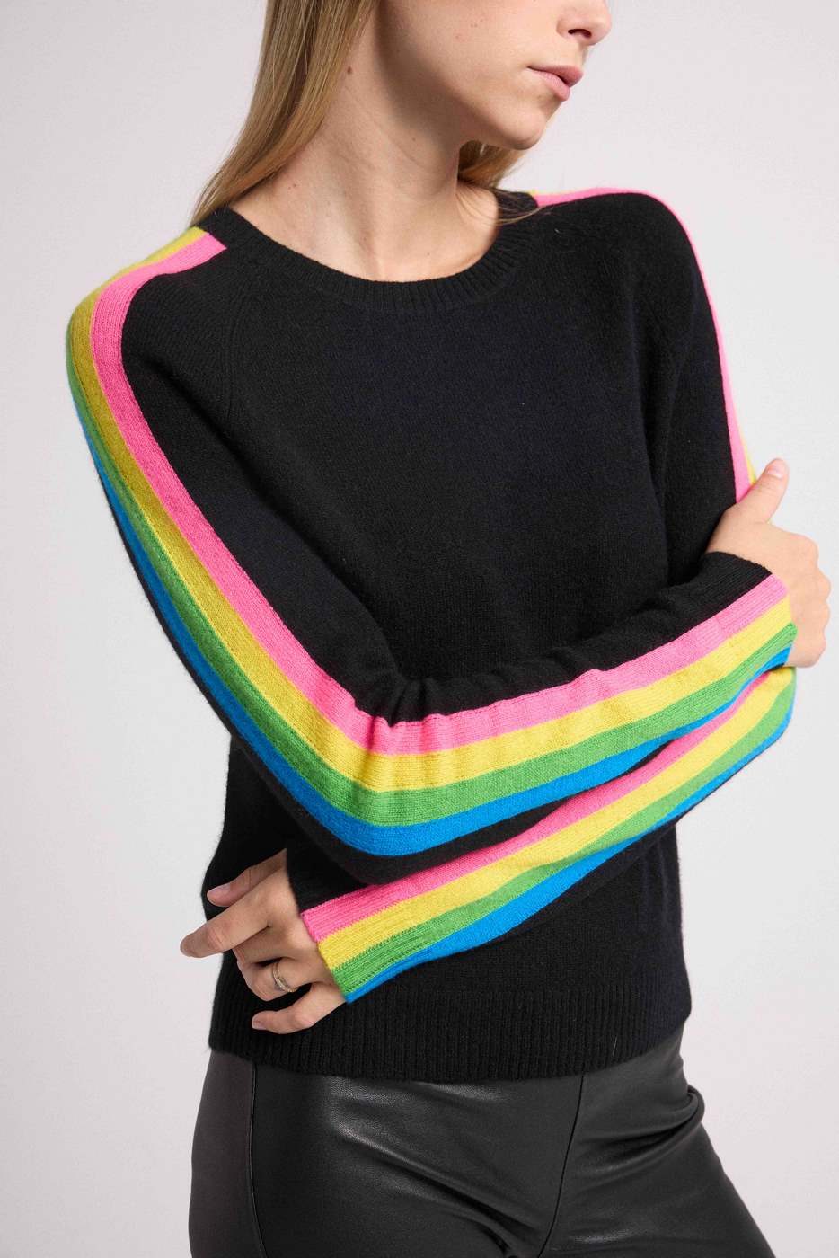 Round Neck Rainbow Stripes Salsa Sleeve Sweater - Black