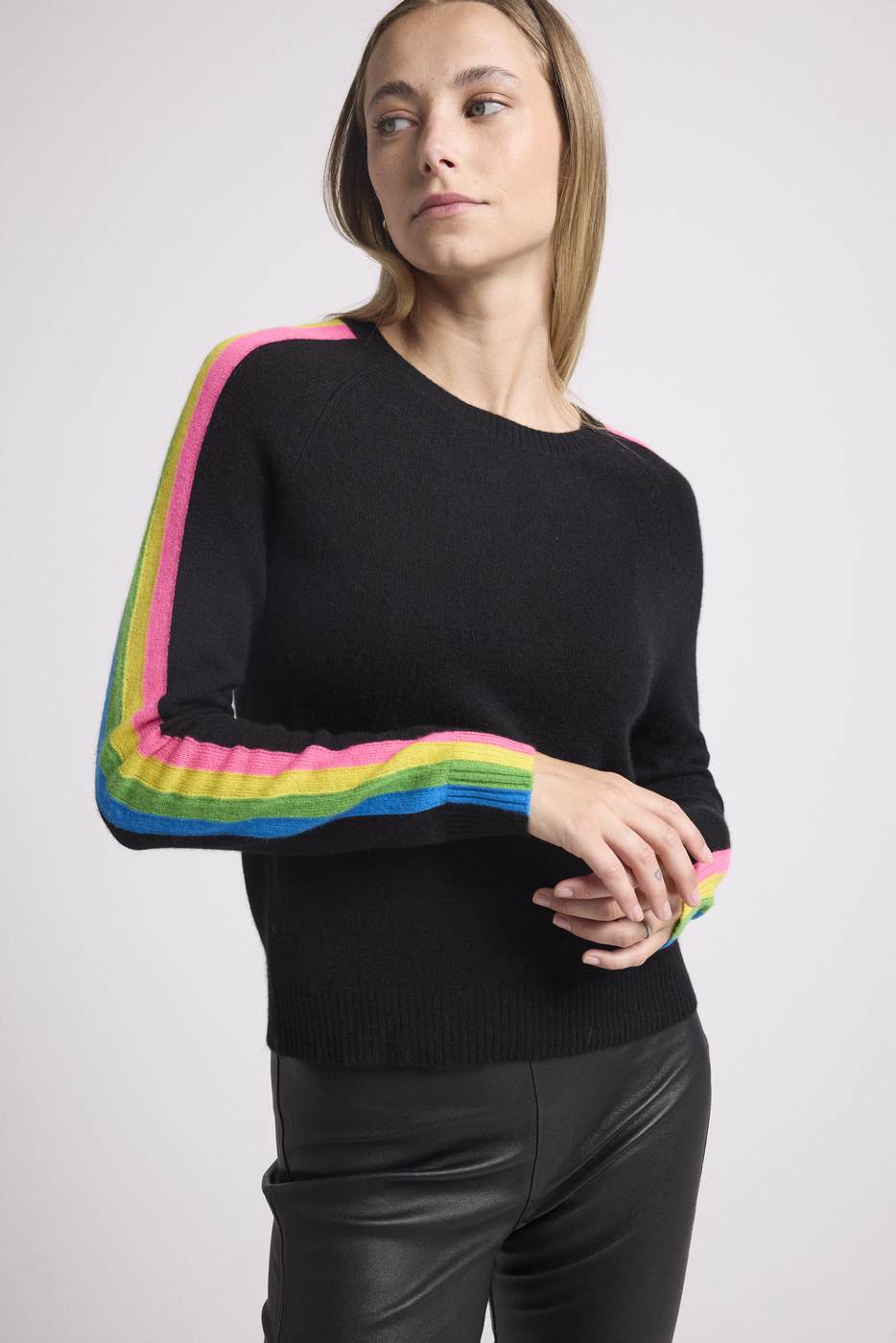 Round Neck Rainbow Stripes Salsa Sleeve Sweater - Black