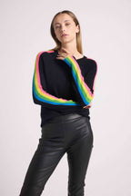 Round Neck Rainbow Stripes Salsa Sleeve Sweater - Black