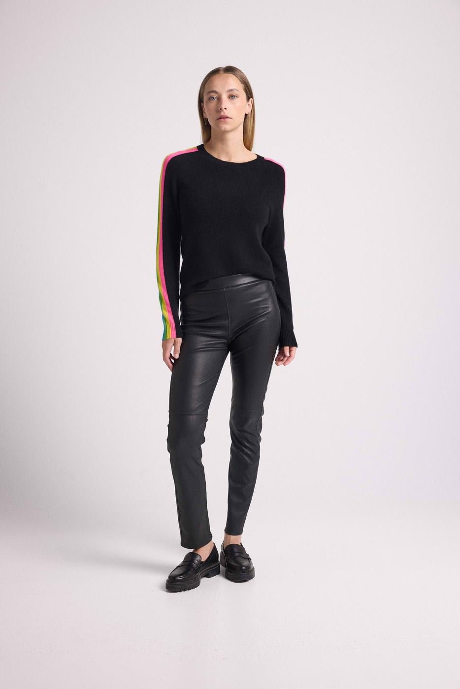 Round Neck Rainbow Stripes Salsa Sleeve Sweater - Black