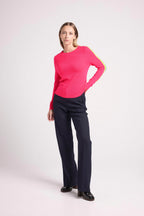Round Neck Jumper with Rainbow Bands Salsa Sleeves - Fluorescent Pink