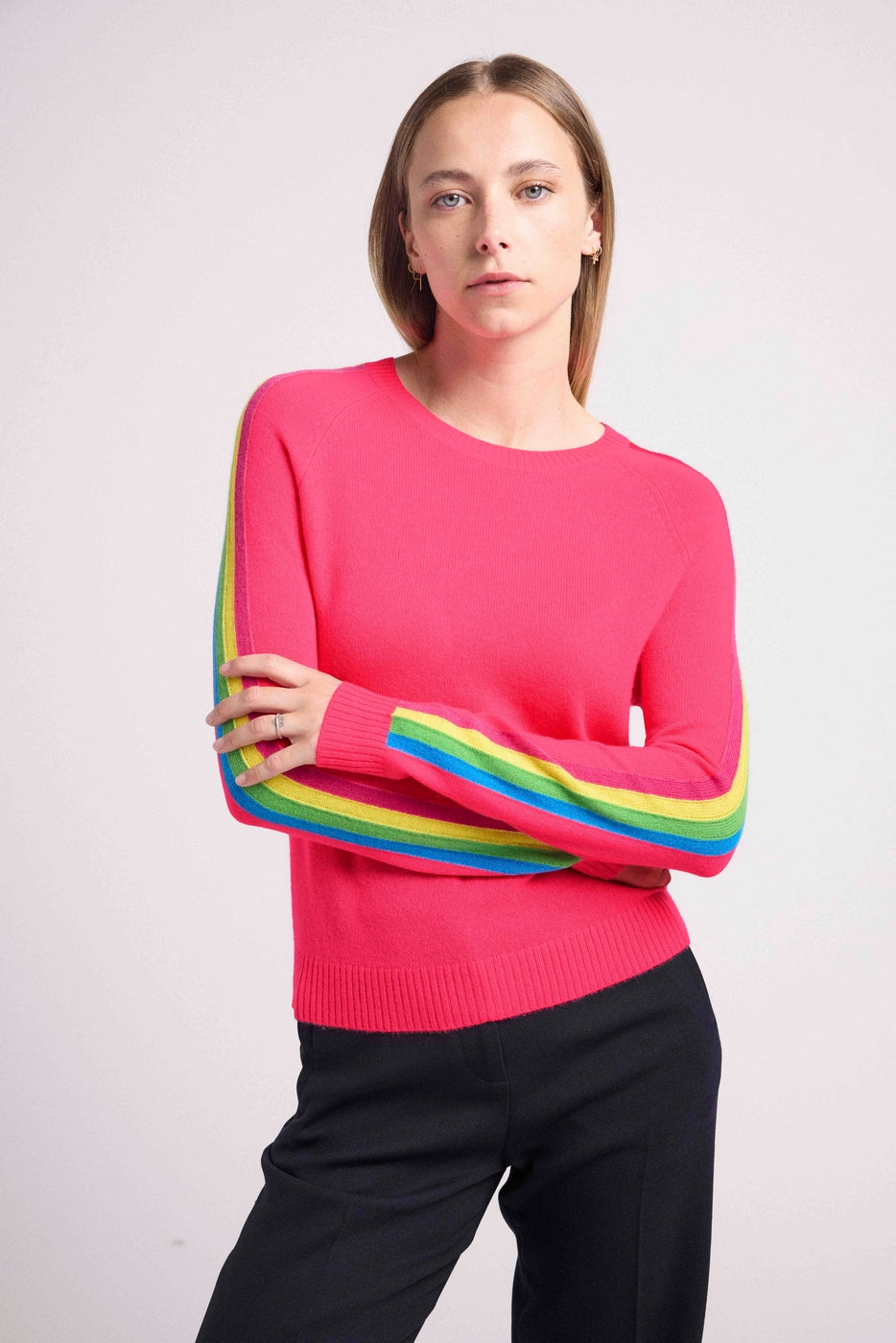 Round Neck Jumper with Rainbow Bands Salsa Sleeves - Fluorescent Pink