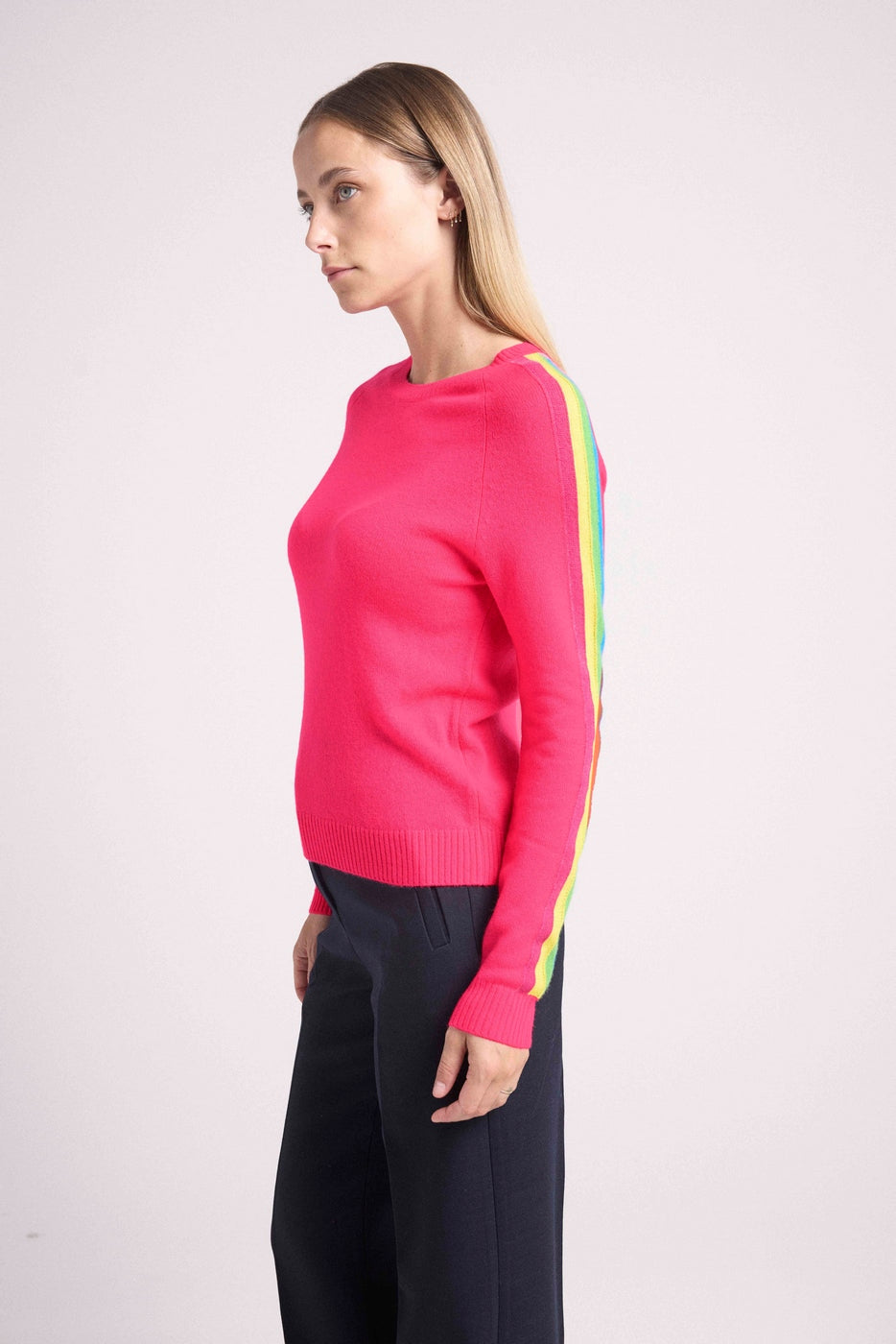 Round Neck Jumper with Rainbow Bands Salsa Sleeves - Fluorescent Pink