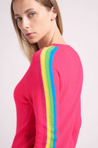 Round Neck Jumper with Rainbow Bands Salsa Sleeves - Fluorescent Pink