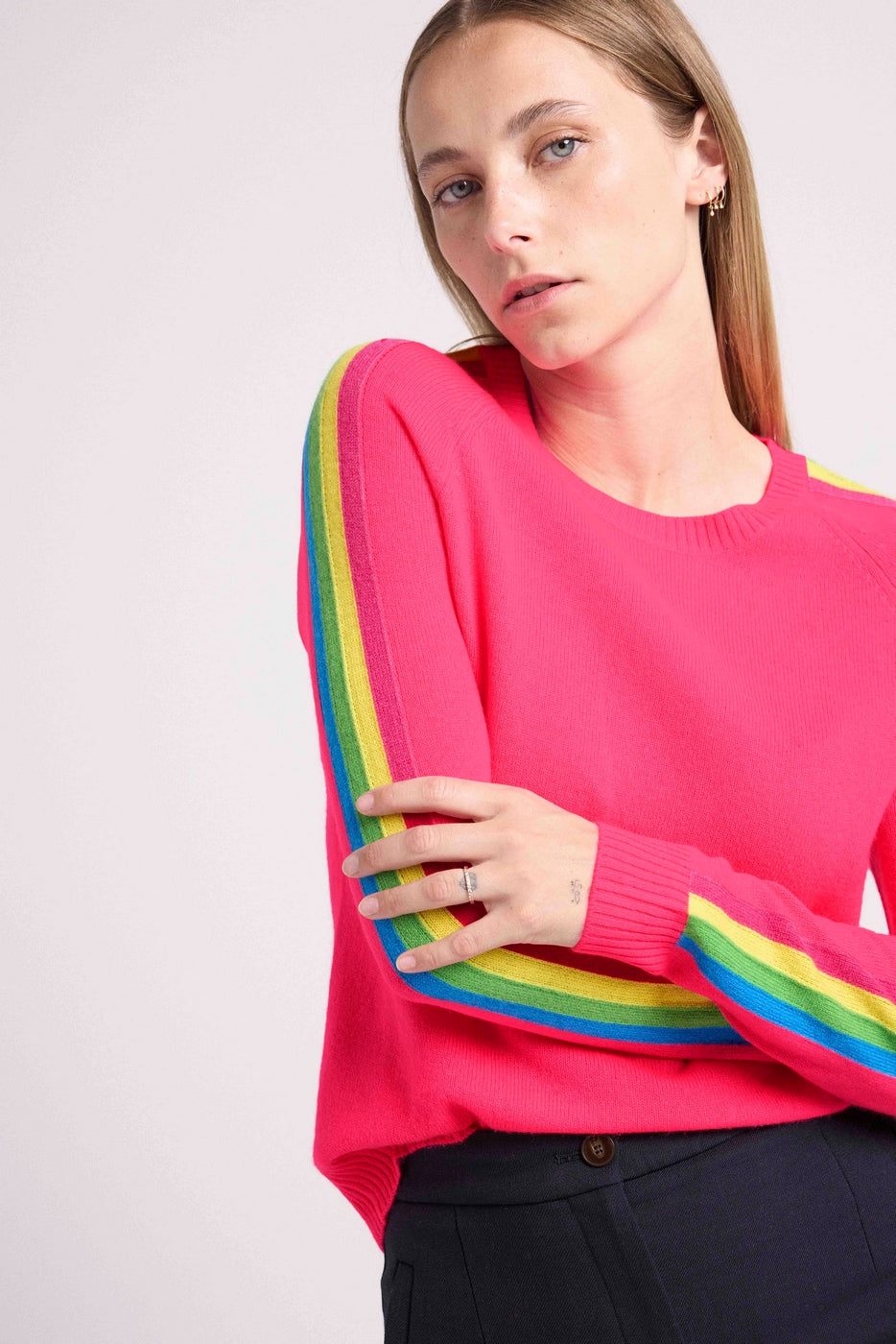 Round Neck Jumper with Rainbow Bands Salsa Sleeves - Fluorescent Pink