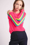 Round Neck Jumper with Rainbow Bands Salsa Sleeves - Fluorescent Pink