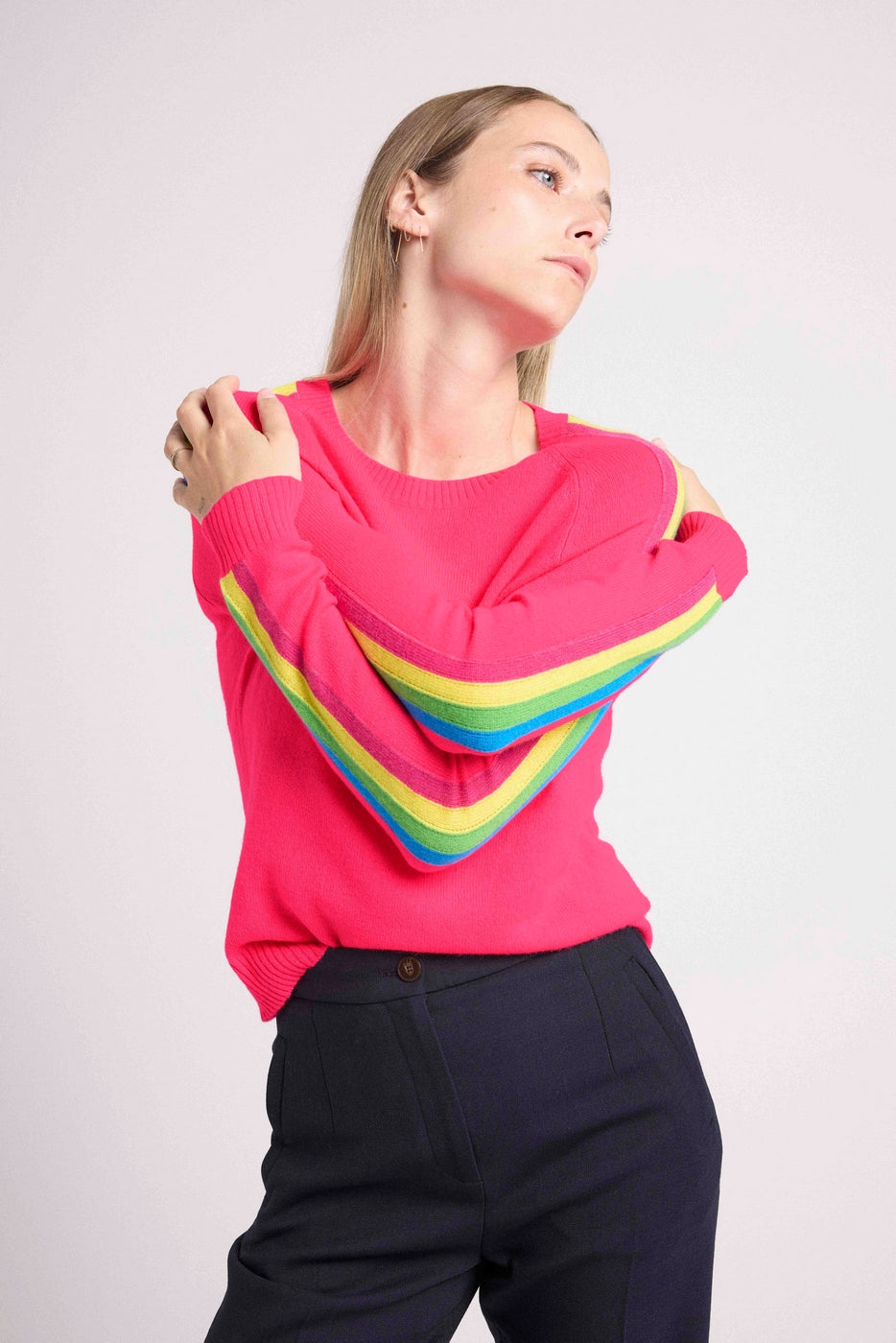 Round Neck Jumper with Rainbow Bands Salsa Sleeves - Fluorescent Pink
