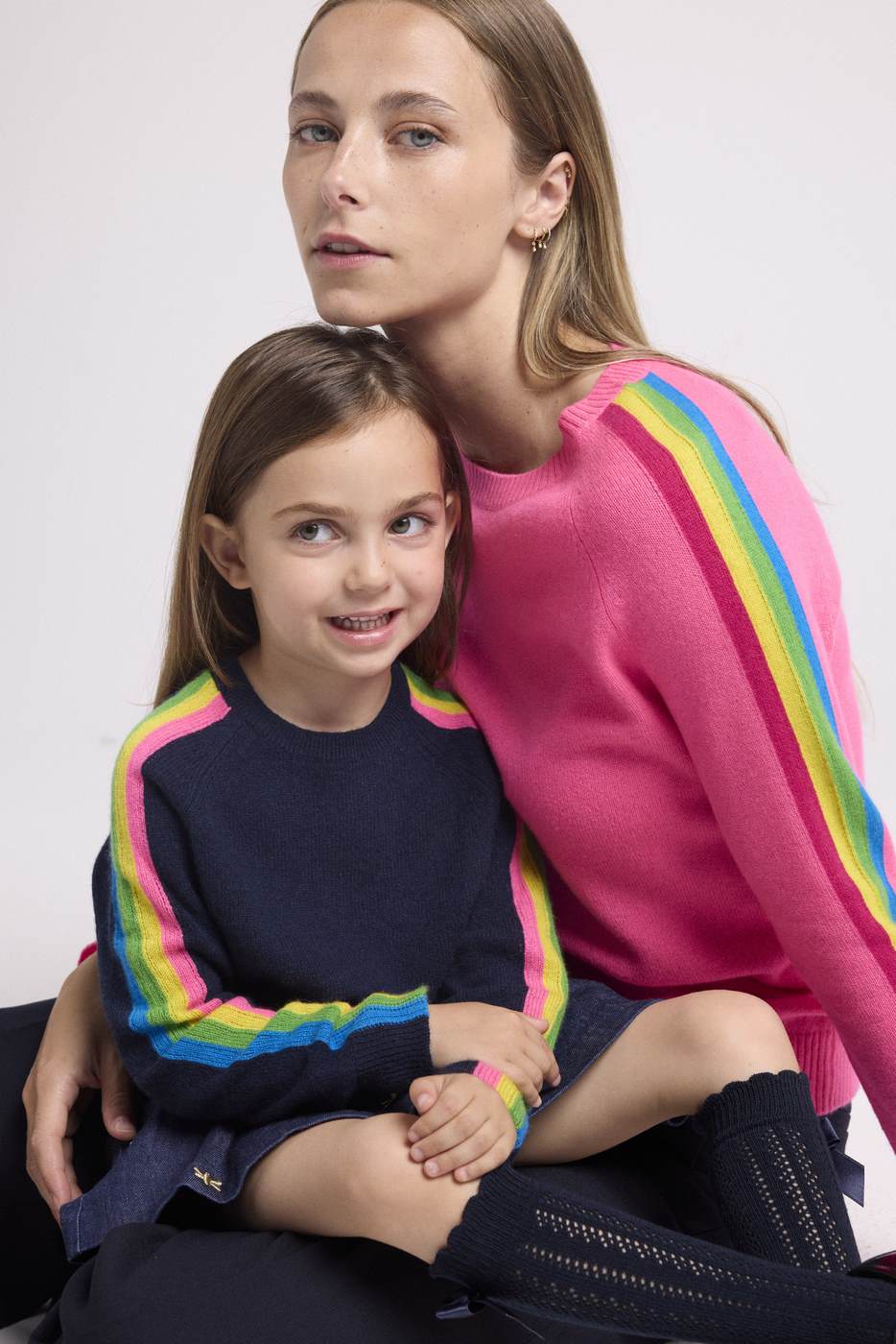 Round Neck Jumper with Rainbow Bands Salsa Sleeves - Fluorescent Pink