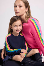 Round Neck Jumper with Rainbow Bands Salsa Sleeves - Fluorescent Pink