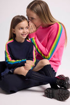 Round Neck Jumper with Rainbow Bands Salsa Sleeves - Fluorescent Pink