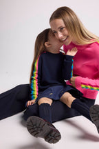 Round Neck Jumper with Rainbow Bands Salsa Sleeves - Fluorescent Pink