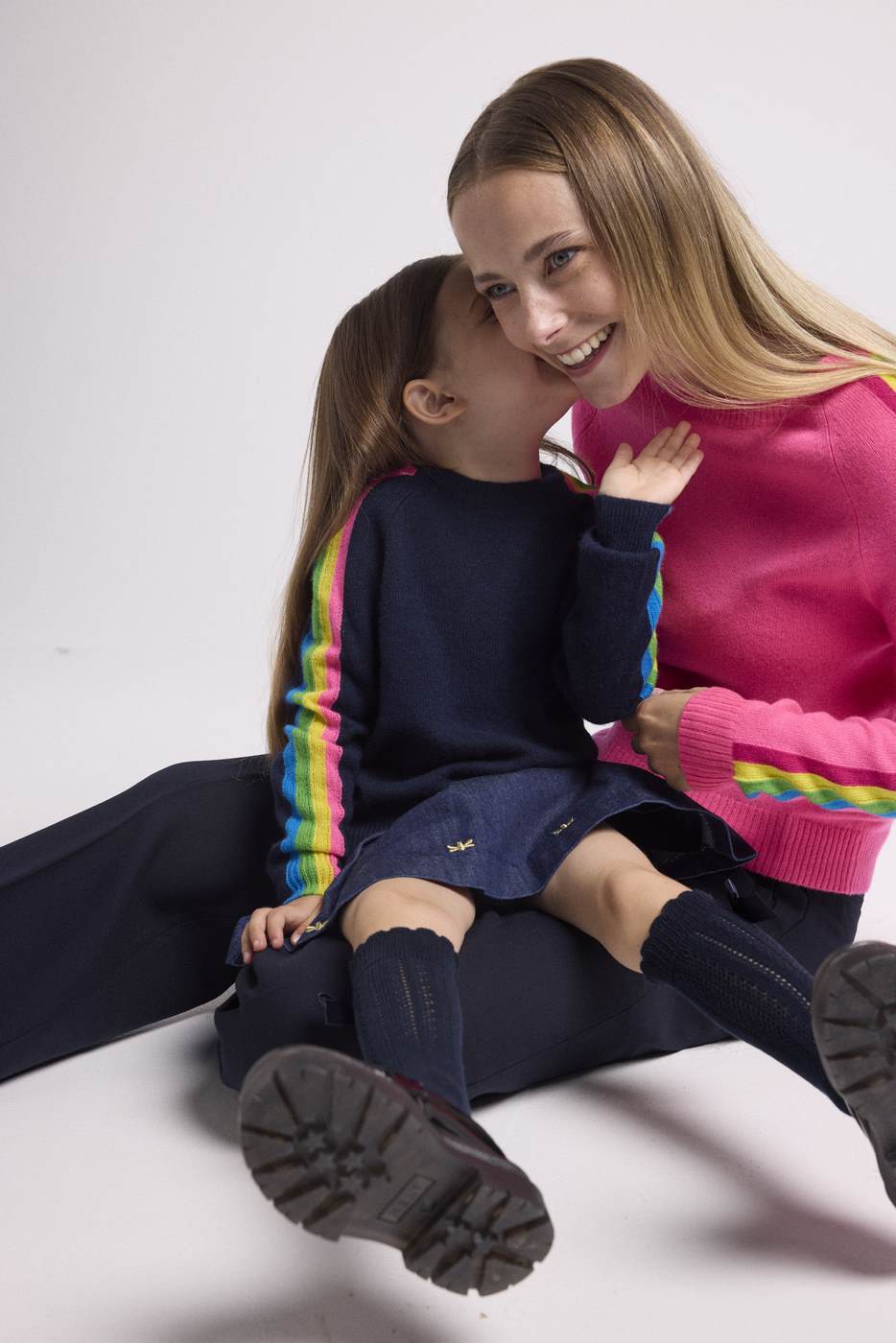 Round Neck Jumper with Rainbow Bands Salsa Sleeves - Fluorescent Pink