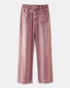 Jean en denim 100 % coton couleur quartz avec coupe droite, taille haute et poches plaquées à l'avant, idéal pour femme avec silhouette adaptable.