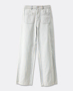 Jean femme en denim rayé bleu et blanc, coupe droite ample avec taille haute, confectionné en coton léger idéal pour une tenue d'été confortable.