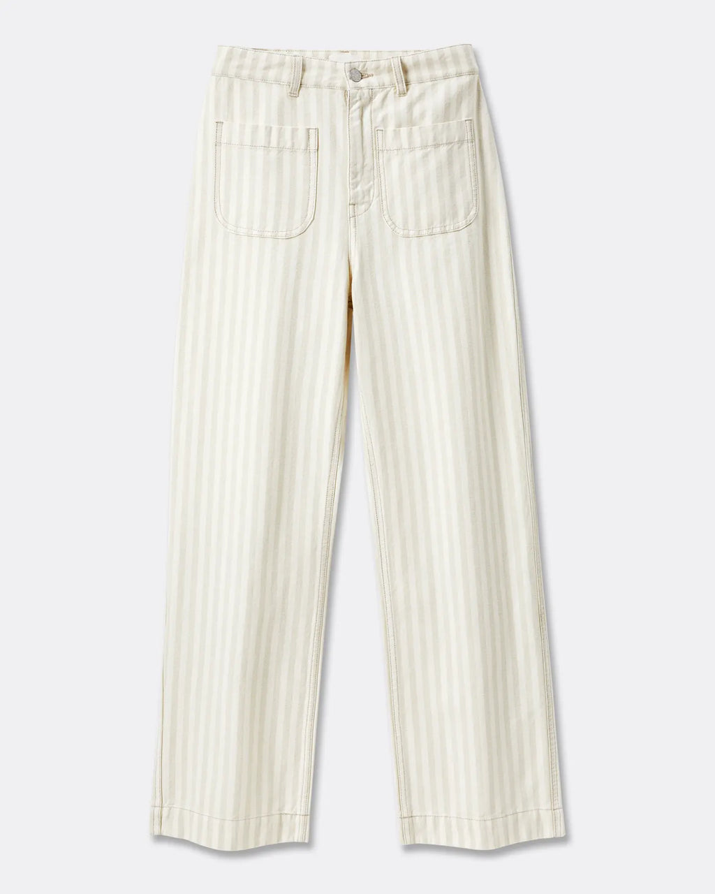 Pantalon en denim léger couleur sable à rayures fines, coupe droite avec taille haute et poches plaquées, adapté à toutes les morphologies féminines.
