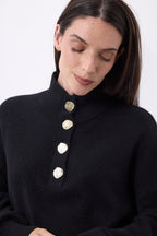 Jersey de cuello alto con mangas abullonadas y botones dorados Sandy - Negro - Mujer