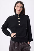Jersey de cuello alto con mangas abullonadas y botones dorados Sandy - Negro - Mujer