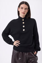 Jersey de cuello alto con mangas abullonadas y botones dorados Sandy - Negro - Mujer