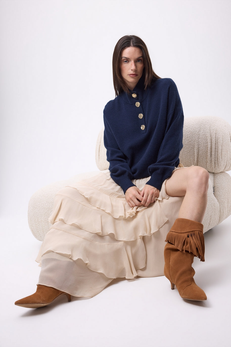 Pull Col Montant Manches Ballons Boutons Dorés Sandy - Bleu Marine - Femme