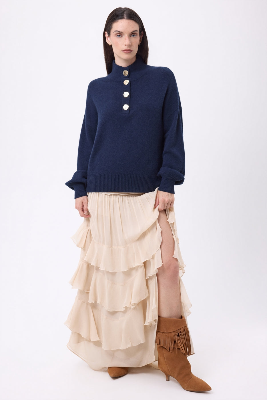 Pull Col Montant Manches Ballons Boutons Dorés Sandy - Bleu Marine - Femme