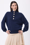 Pull Col Montant Manches Ballons Boutons Dorés Sandy - Bleu Marine - Femme