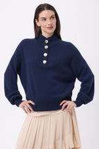 Pull Col Montant Manches Ballons Boutons Dorés Sandy - Bleu Marine - Femme