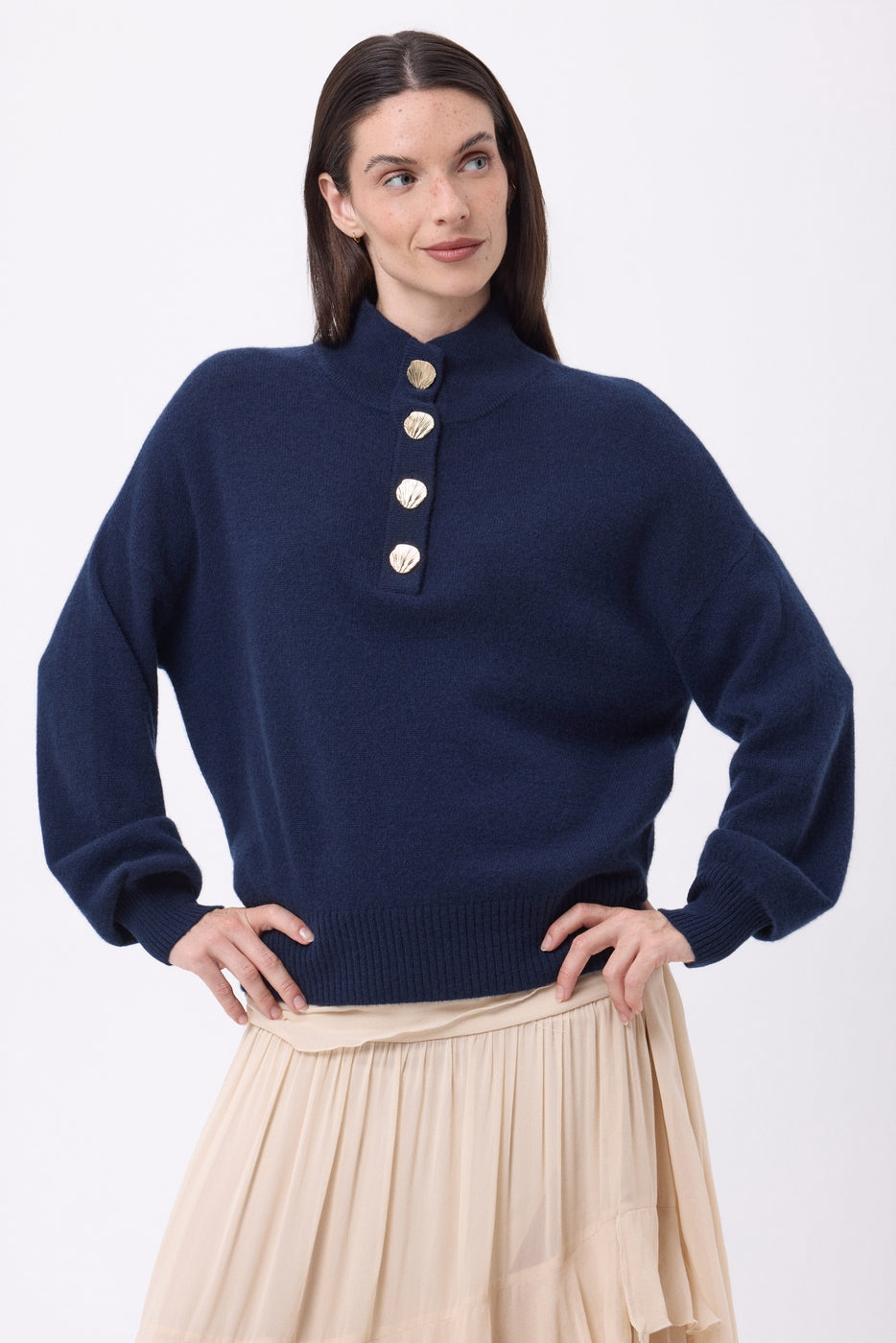 Pull Col Montant Manches Ballons Boutons Dorés Sandy - Bleu Marine - Femme